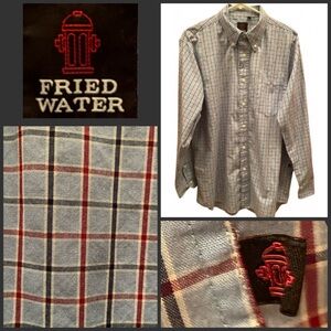 Fried Water men’s blue windowpane check ls shirt Large